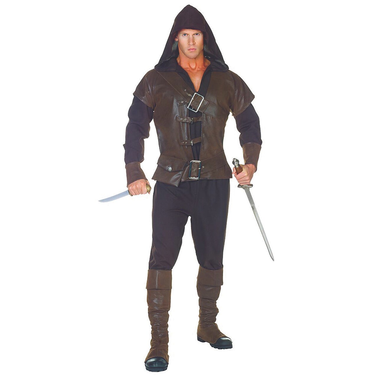 Men's Medieval Assassin Costume Vest Hood Belt Halloween Outfit